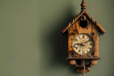 Imagem de um relógio cuco clássico pendurado numa parede lisa e acinzentada, destacando suas engrenagens, ponteiros e a porta de saída do tradicional passarinho. A foto representa visualmente como funciona o relógio cuco, evidenciando sua estrutura mecânica e elementos decorativos.