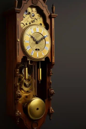 Imagem de um elegante relógio de pêndulo com uma estrutura clássica em madeira escura. O relógio possui um mostrador tradicional com números romanos e ponteiros detalhados. Um pêndulo dourado se move suavemente abaixo do mostrador, criando uma sensação de ritmo e continuidade.