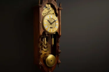 Imagem de um elegante relógio de pêndulo com uma estrutura clássica em madeira escura. O relógio possui um mostrador tradicional com números romanos e ponteiros detalhados. Um pêndulo dourado se move suavemente abaixo do mostrador, criando uma sensação de ritmo e continuidade.