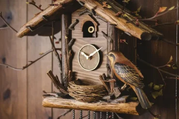 Imagem de um relógio cuco clássico, com entalhes em madeira e um pequeno pássaro do lado de fora. O design remete à tradicional história do relógio cuco, popularizado na Floresta Negra, Alemanha, representada pelos galhos secos do lado de fora.
