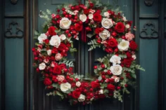 Coroa de flores brancas, rosas e vermelhas, com folhagem verde, pendurada em uma porta na cor verde escuro, representando o que é uma guirlanda de Natal e seu simbolismo de boas-vindas.